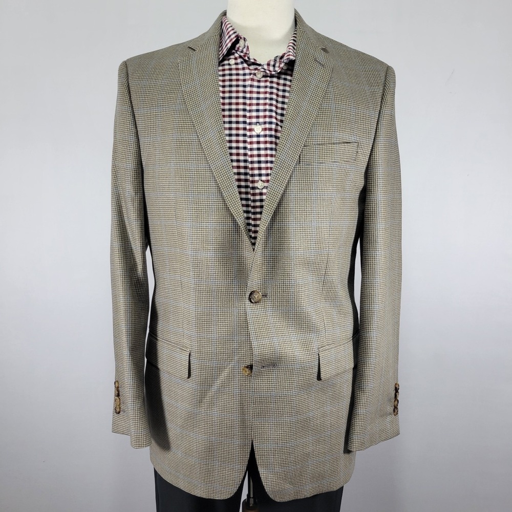 Ralph Lauren Men's Sport Coat Blazer Two Button Beige Houndstooth Silk Wool 40L